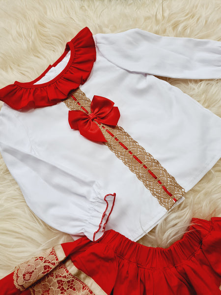 Wee Me Spanish Girls Red & Camel Christmas Skirt Set