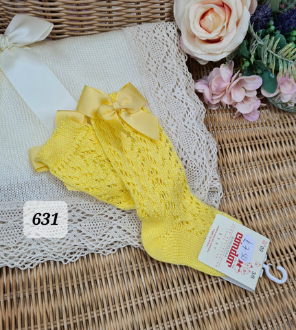 Condor Spanish Girls Cotton Openwork Knee High Bow Socks - Lemon Yellow 631