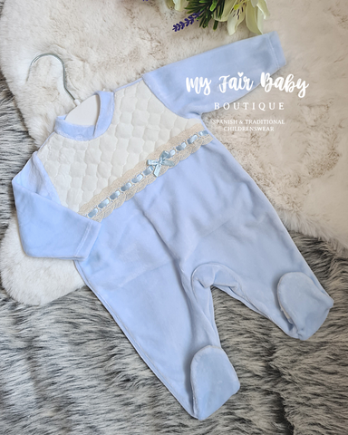 Spanish Baby Boys Blue & Cream Ribbon Slot Velour Sleepsuit/Babygrow