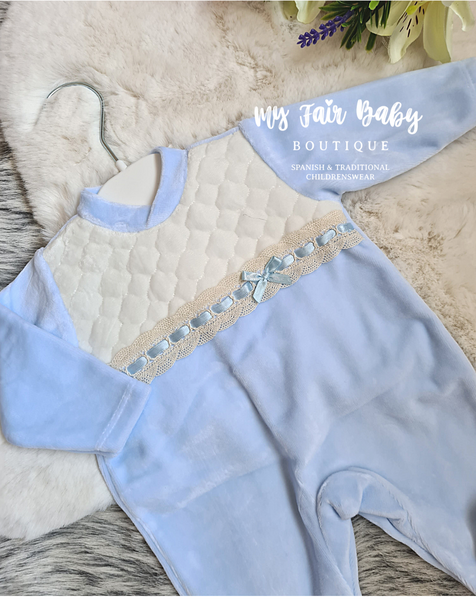 Spanish Baby Boys Blue & Cream Ribbon Slot Velour Sleepsuit/Babygrow