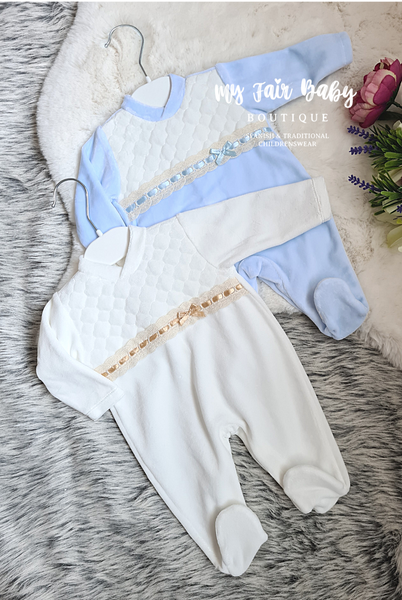 Spanish Unisex Baby Cream & Gold Velour Sleepsuit/Babygrow