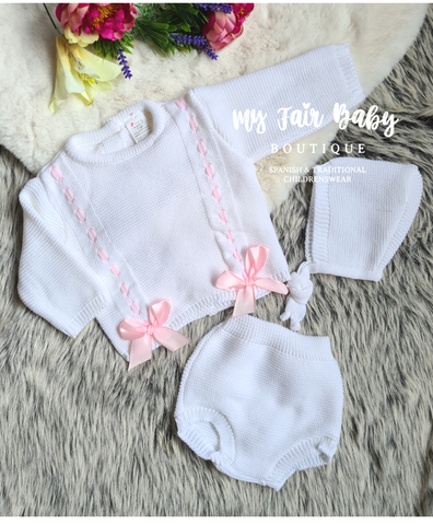 Spanish Baby Girls White Knitted Ribbon Jam Pant Set - 6m