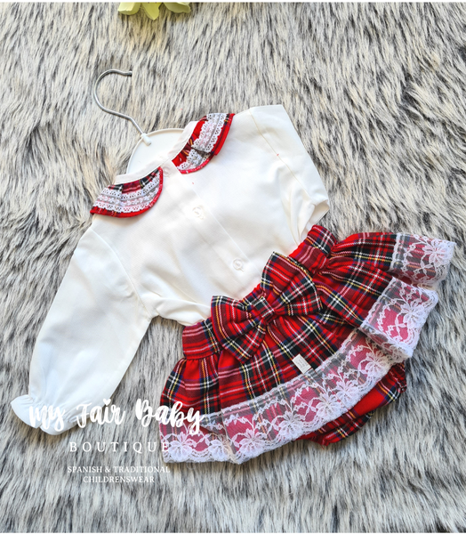 Traditional Baby Girls Red Tartan Lace Jam Pant Set JU0066 - 6,12,24m