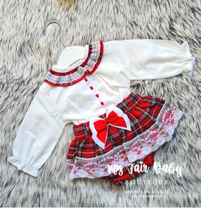 Traditional Baby Girls Red Tartan Lace Jam Pant Set
