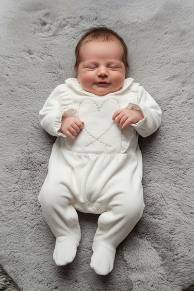 Traditional Baby Girls Ivory Heart Velour Sleepsuit/Babygrow