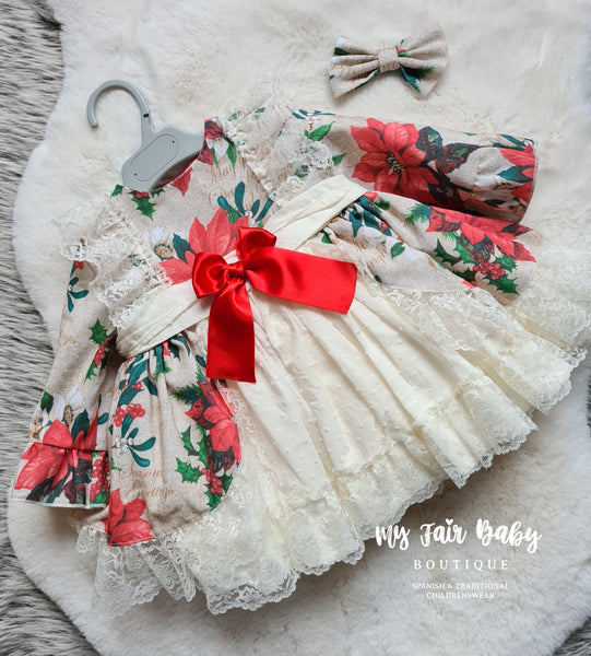 Sonata Spanish Girls Christmas Poinsetta Puffball Dress & Hairbow IN2239 - MADE TO ORDER