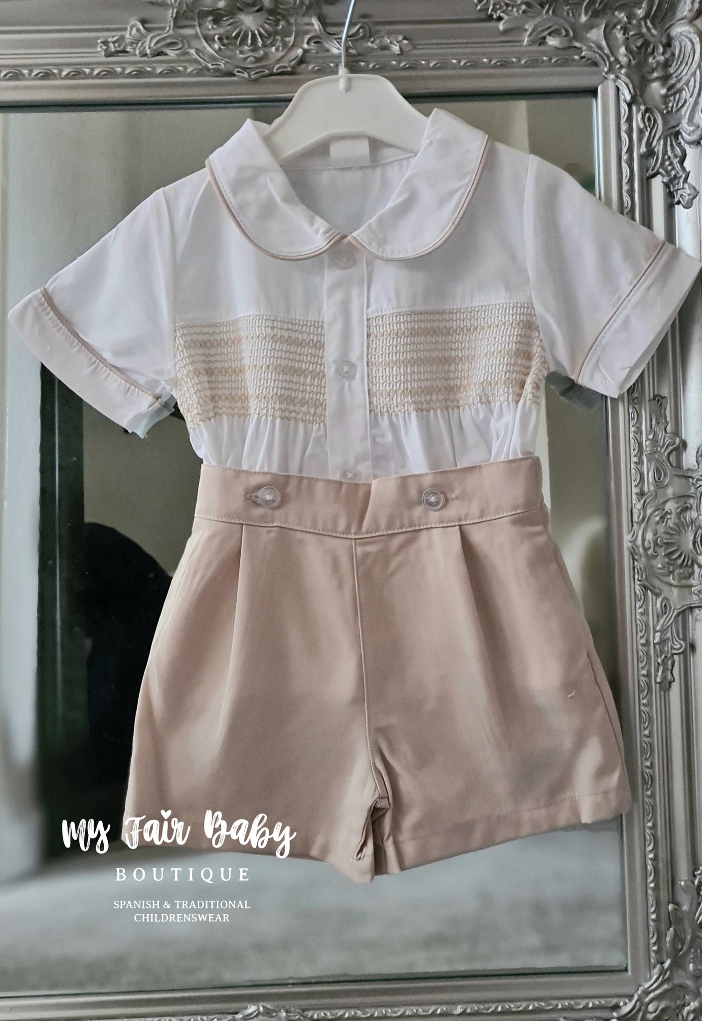 Traditional Baby Boys SS23 Sand Smocked Cotton Short Set