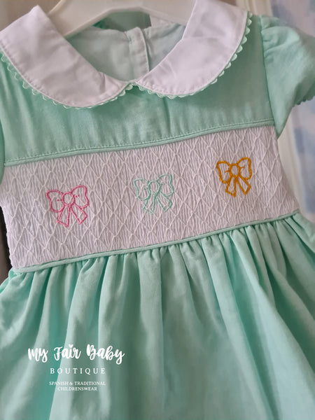 Traditional Girls Mint Smocked Bow Dress - 2-6y
