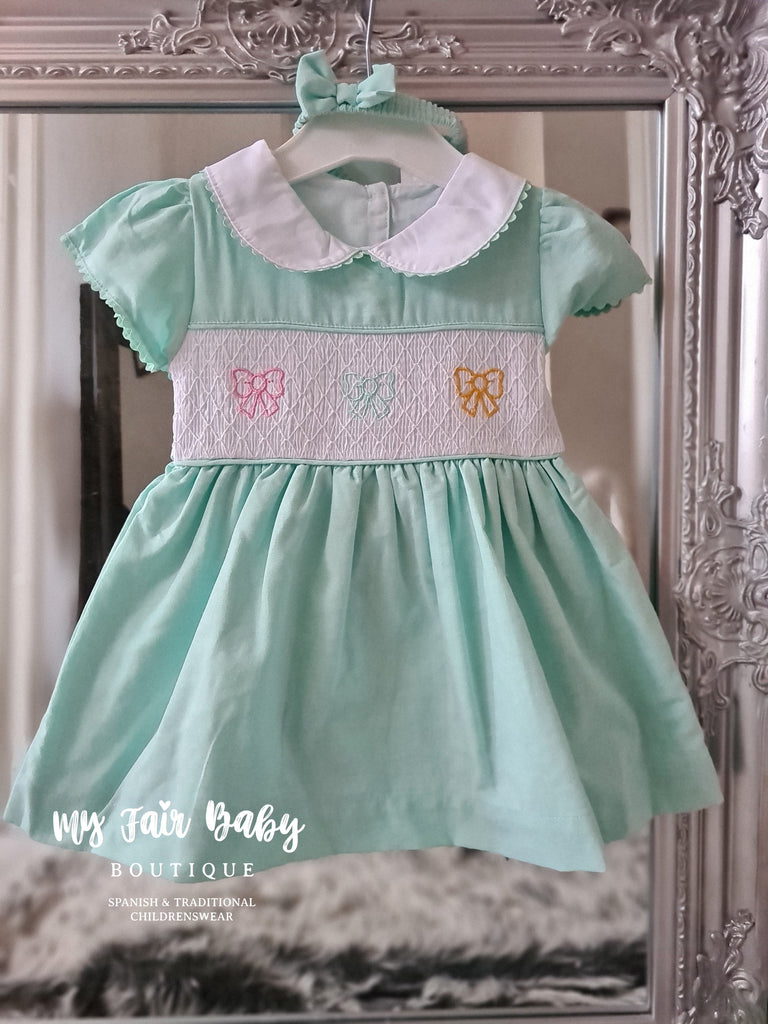 Mabini Baby Traditional Girls Mint Smocked Bow Dress - 2-3y My Fair Baby Boutique Mabini Baby Traditional Girls Mint Smocked Bow Dress - 2-3y My Fair Baby Boutique