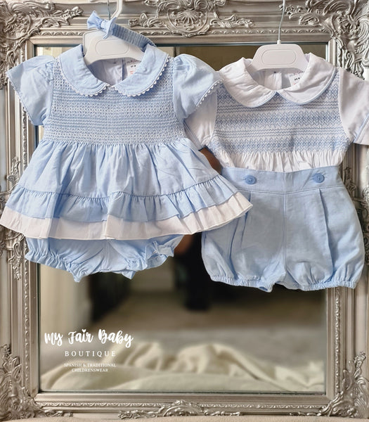Traditional Girls SS24 Baby Blue Smocked Cotton Dress & Bloomers 2703 - 0-6y