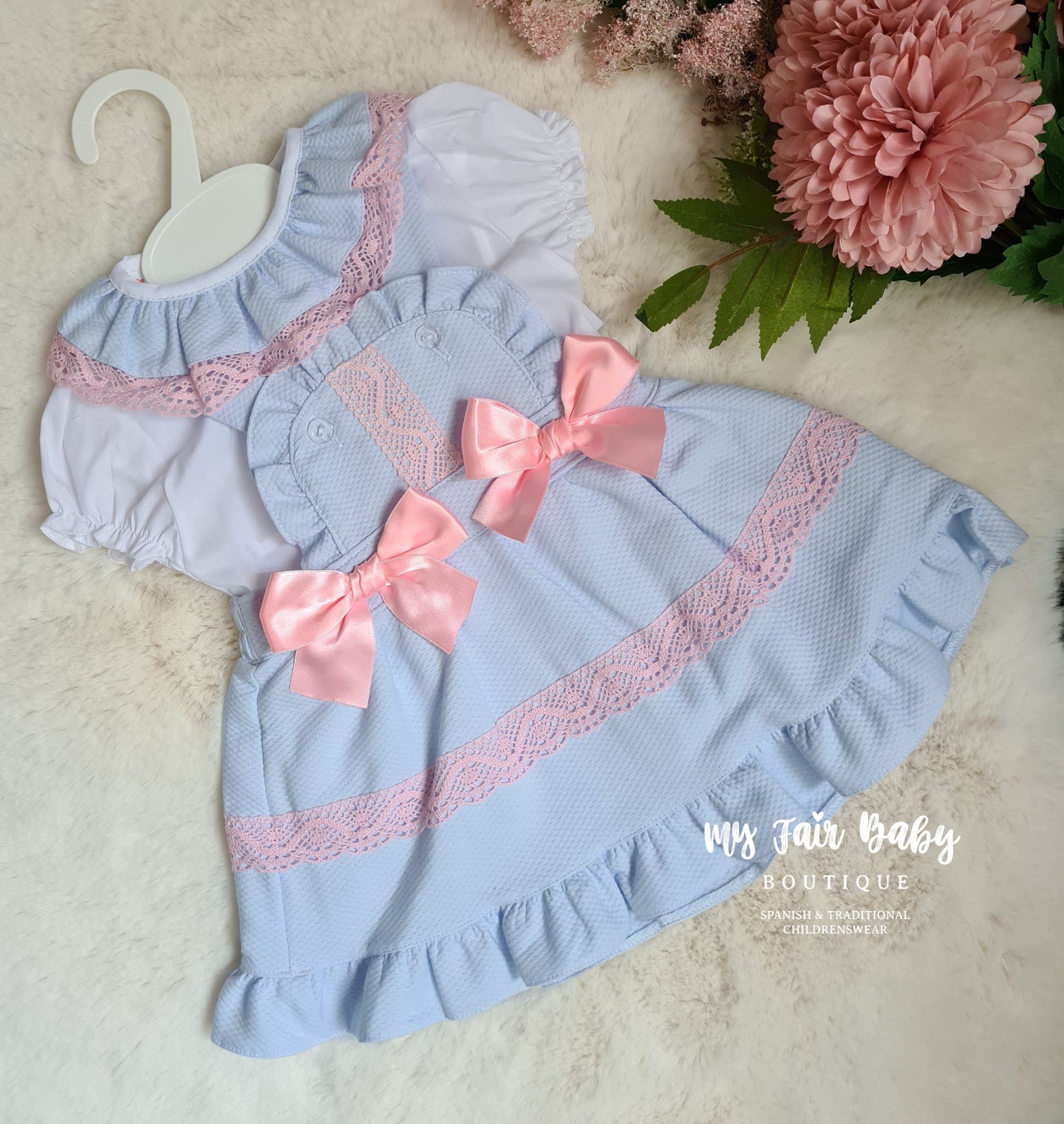 Spanish Baby Girls Blue & Pink Pinafore Dress