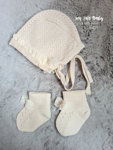 Spanish Baby Girls Beige Knitted Bonnet & Sock Set 0-6 months