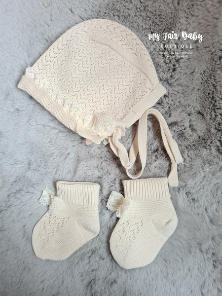 Spanish Baby Girls Beige Knitted Bonnet & Sock Set ~ 0-6 months