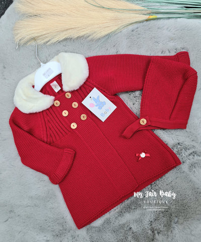 Spanish Baby Girls Red Knitted Jacket & Bonnet - 6,12m