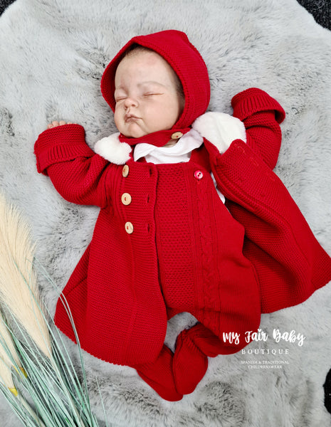 Spanish Baby Girls Red Knitted Jacket & Bonnet - 6,12m