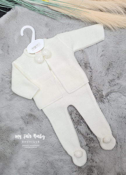 Spanish Unisex Baby White Knitted Pom Pom Trouser & Cardigan Set