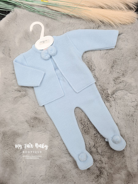 Spanish Baby Boys Blue Knitted Pom Pom Trouser & Cardigan Set - 1,3m