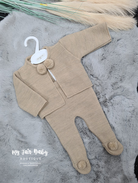 Spanish Unisex Baby Camel Knitted Pom Pom Trouser & Cardigan Set - 3m