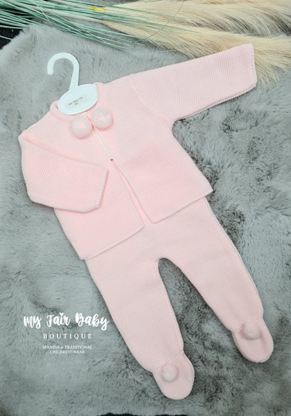 Spanish Baby Girls Pink Knitted Pom Pom Trouser & Cardigan Set - 3m