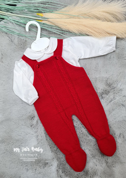 Spanish Unisex Baby Red Knitted Dungaree Set 6-9m
