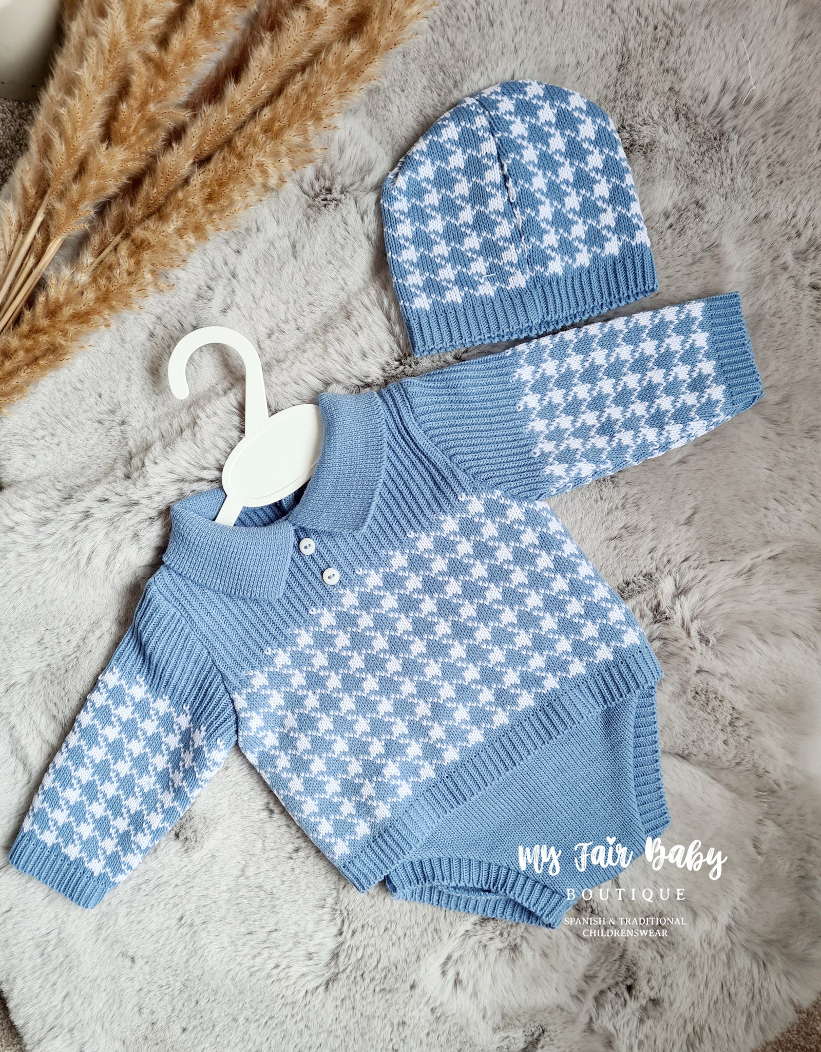 Spanish Baby Boys Cobalt Blue & White Knitted Dogtooth Jam Pant Set
