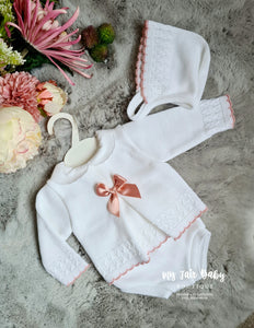 Spanish Baby Girls White & Rose Pink Knitted Jam Pant Set