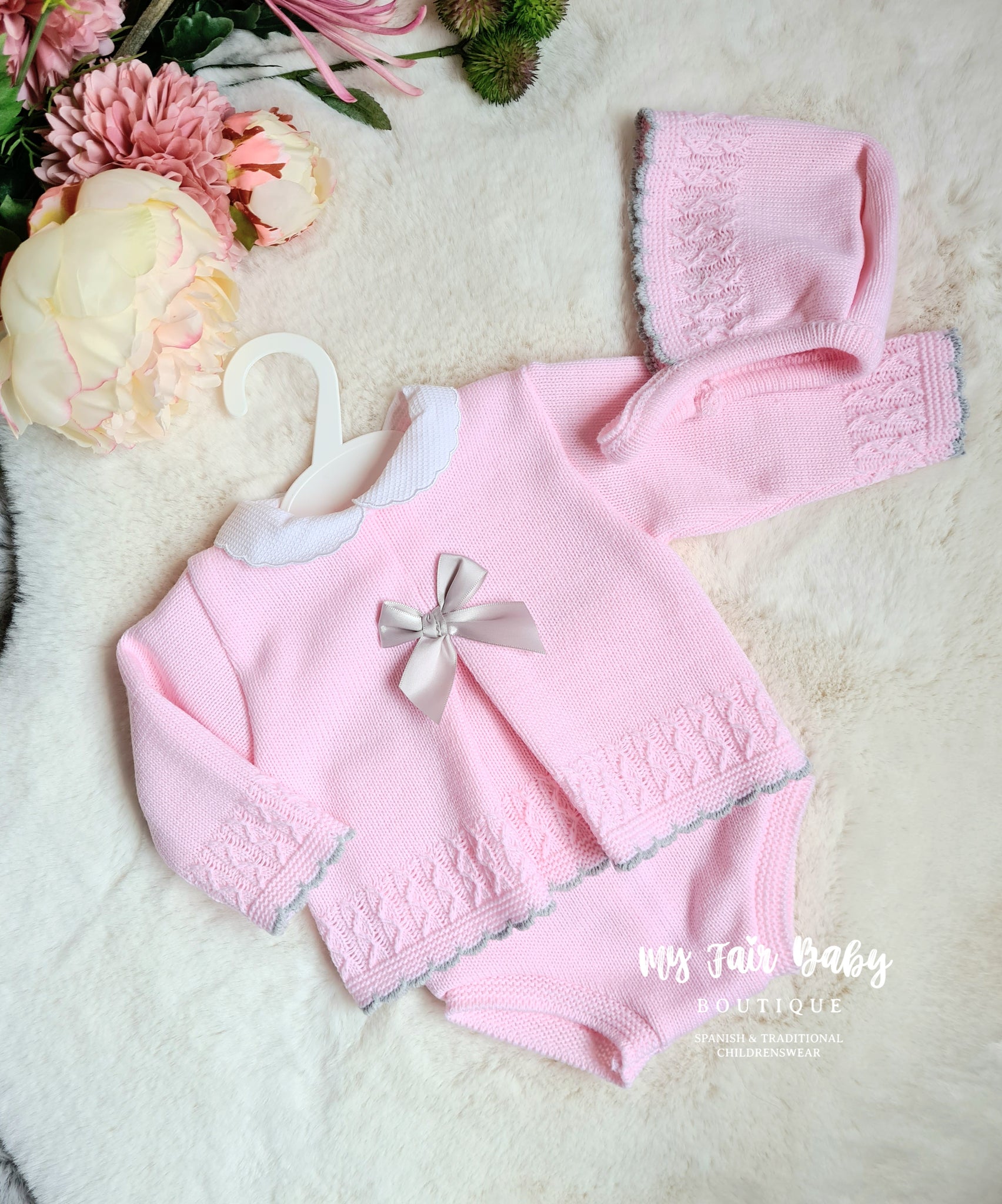 Spanish Baby Girls Pink & Grey Knitted Jam Pant Set - 6m