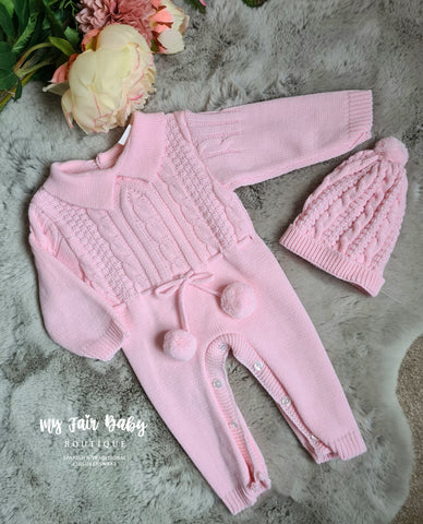 Spanish Baby Girls Pink Knitted Pom Pom Romper & Hat