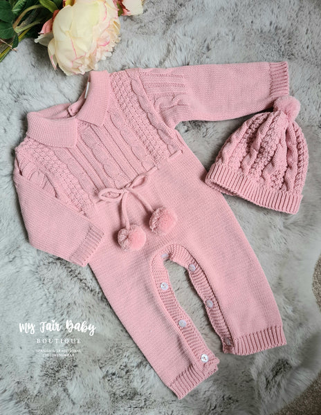 Spanish Baby Girls Dusky Pink Knitted Pom Pom Romper & Hat - 3m