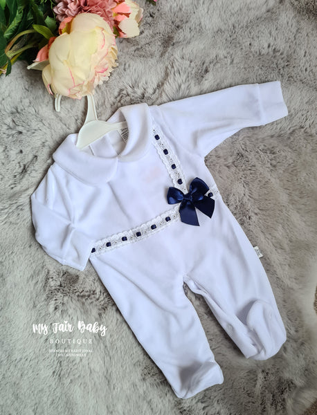 Spanish Baby Girls White & Navy Ribbon Slot Velour Sleepsuit/Babygrow