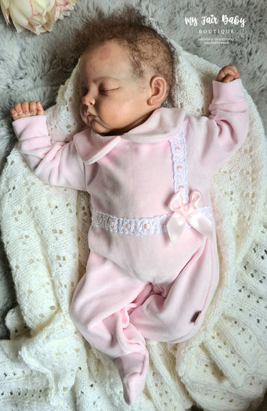 Spanish Girls Baby Pink Ribbon Slot Velour Sleepsuit/Babygrow