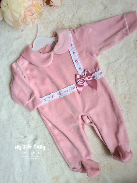 Spanish Girls Dusky Pink Ribbon Slot Velour Sleepsuit/Babygrow