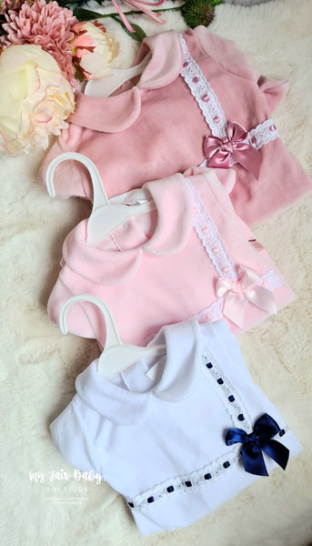 Spanish Girls Baby Pink Ribbon Slot Velour Sleepsuit/Babygrow