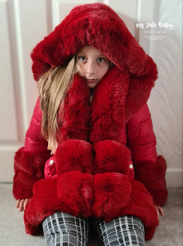 Older Girls AW23 Hooded Fur Puffer Jacket/Coat - Red