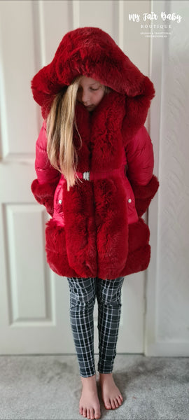 Older Girls AW23 Hooded Fur Puffer Jacket/Coat - Red 1,4,14y