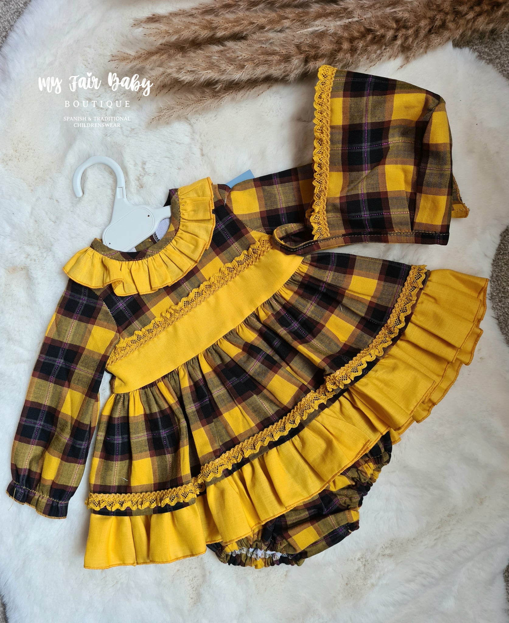 Ceyber AW23 Spanish Baby Girls Mustard Check Dress Set DD3550 -3-12m
