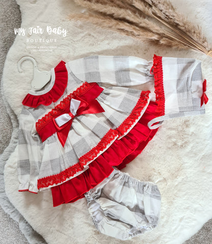 Ceyber AW23 Spanish Baby Girls Grey & Red Check Dress Set DD2550