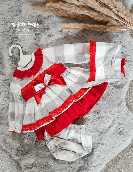 Ceyber AW23 Spanish Baby Girls Grey & Red Check Dress Set DD2550