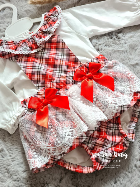 Traditional Baby Girls Red & White Tartan Christmas Romper Set - 3,12m