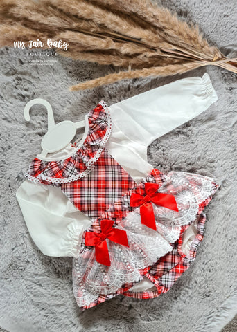 Traditional Baby Girls Red & White Tartan Christmas Romper Set - 3-18m