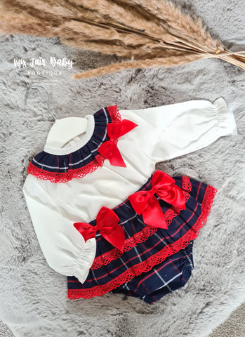 Traditional Baby Girls Navy & Red Check Jam Pant Set - 6-18m