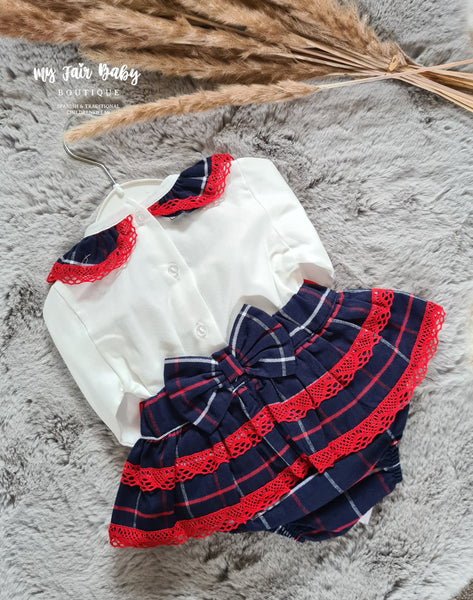 Traditional Baby Girls Navy & Red Check Jam Pant Set - 6-18m