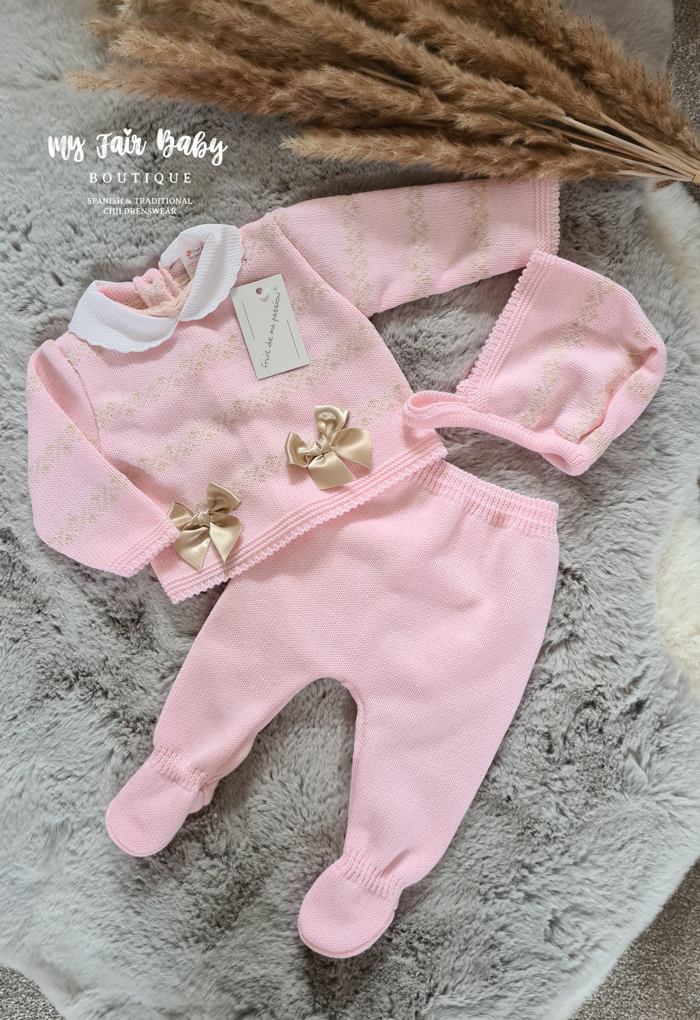 Spanish Baby Girls Pink & Gold Knitted 3PC Set ~ 0-3m
