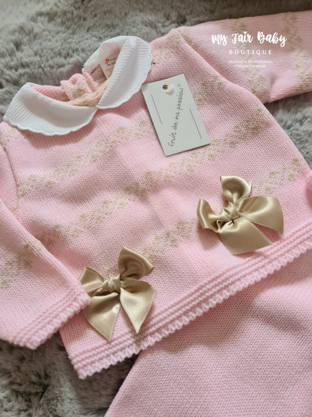 Spanish Baby Girls Pink & Gold Knitted 3PC Set ~ 0-3m
