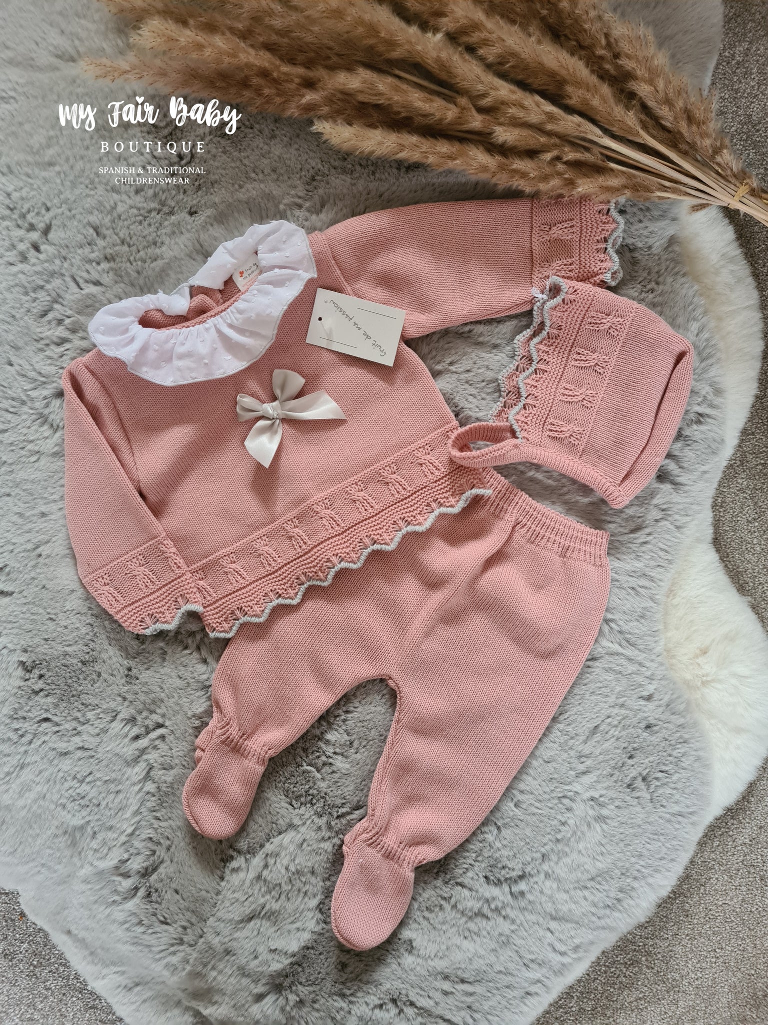 Spanish Baby Girls Dusky Pink & Silver Knitted 3PC Set ~ 0-3m