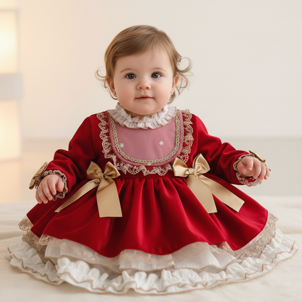 Sonata Red & Gold Velvet Puffball Dress IN10 - 24M IN STOCK NOW