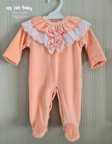 Spanish Baby Girls Peach Velour Lace & Bow Sleepsuit/Babygrow