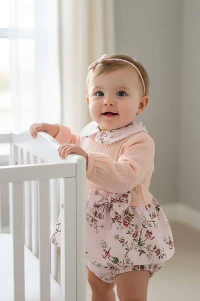 Spanish Baby Girls Peach Floral Jam Pant Set - 12m