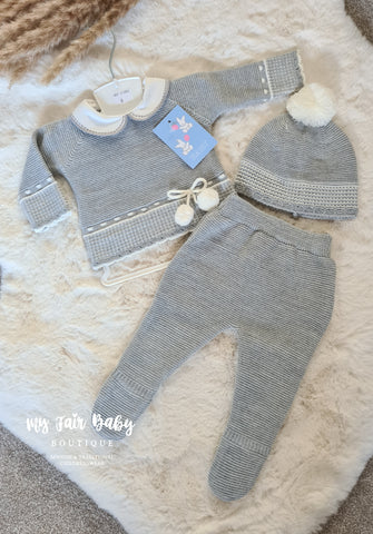 Spanish Baby Boys Grey Knitted 3PC Set - NB-6m