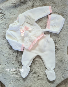 Spanish Baby Girls White & Pink Knitted 3PC Set ~ 0-3m